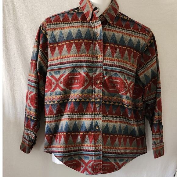Vintage 1990 LL Bean Red Blue Aztec Button Up Long Sleeve Shirt Woman's Medium - Picture 1 of 9